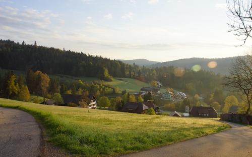 Eine Landschaft im Schwarzwald mit Wiesen, Wald und Häusern.