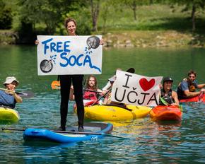 Paddlers protest on the Soca