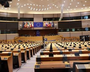 The empty plenary chamber in the EU Parliament.