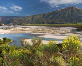 The Vjosa flows through a valley where the gorse is in bloom There is still snow on the mountain peaks in the background.