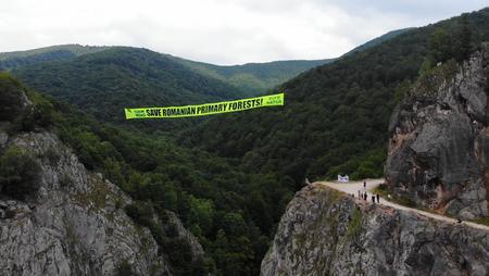 protest banner flutters over a valley cut in the Romanian Domogled Valea Cernei National Park