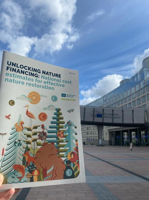 The ‘Unlocking Nature Financing’ report in front of an EU building