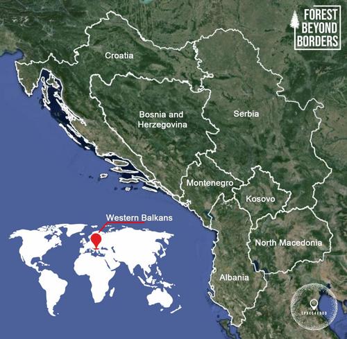 Forests beyond borders map Satellite image showing the countries of the Western Balkans.