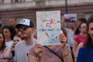 Eine Frau hält ein Schild mit dem Bild eines Flamingos und dem Text "Where will they live now".
