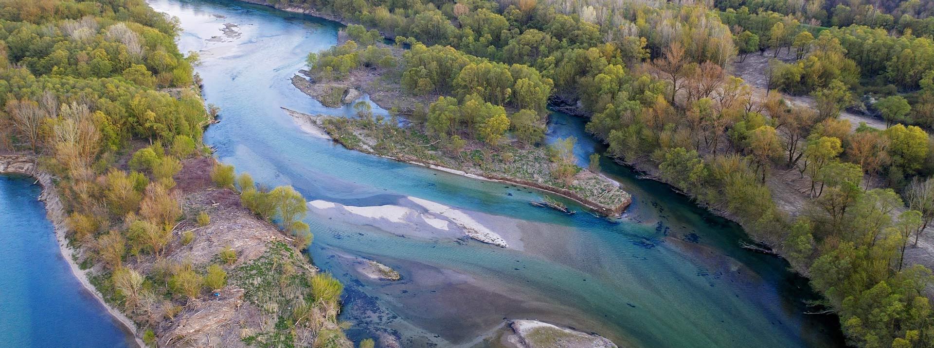 The Sava with river islands and alluvial forests in spring.