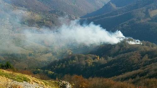 Forest fire on a hilltop, smoke rising from the forest.