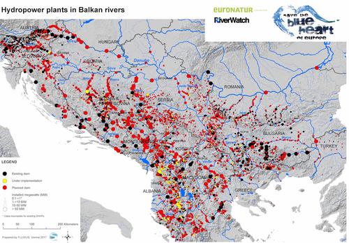 Map of planned hydropower plants in the Balkans