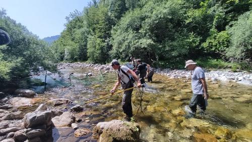 Hydrobiologen bei der Arbeit Wissenschaftler im Fluss