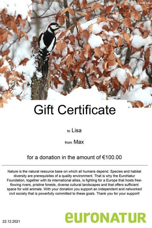 Certificate for a gift donation - available immediately on euronatur.org