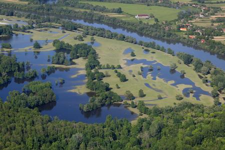 Luftbild der natürlichen Überschwemmungsflächen der Save im Lonjsko Polje Naturpark