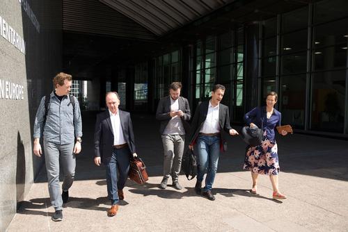 Screening and discussion Brussels 280618 26 Ryan Gellert (Patagonia), Trifon Murataj (resident of Kutë), Igor Vejnovic (Bankwatch), Gabriel Schwaderer (EuroNatur), Mihela Hladin Wolfe (Patagonia) leaving the building