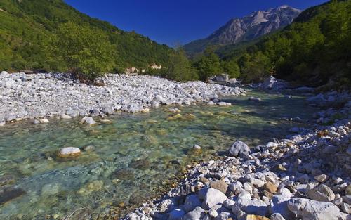 Das kristallklare Wasser der Valbona fließt in einem Kiesbett durch ein sonnenbeschienenes Tal.