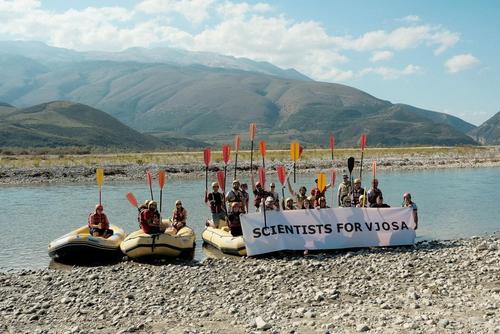 Scientists for Vjosa" protest on the river with rubber dinghies.