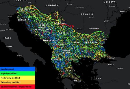 Map of the hydromorphological status of 83,824 km of rivers in eleven Balkan countries.