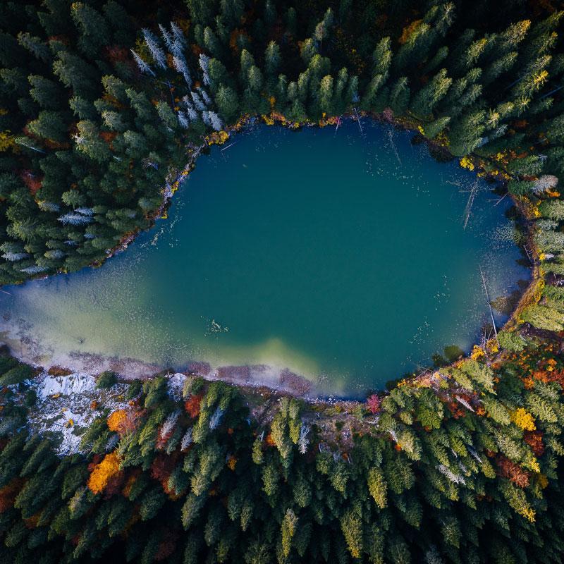 Bird's eye view of a mountain lake in Montenegro