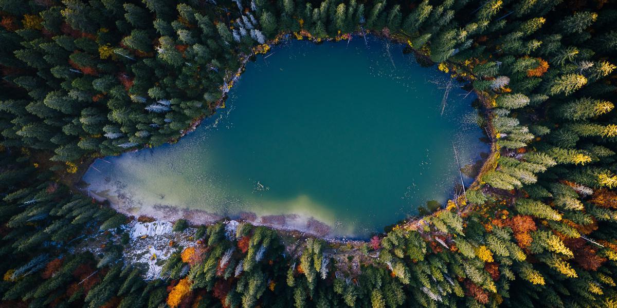 Bird's eye view of a mountain lake in Montenegro