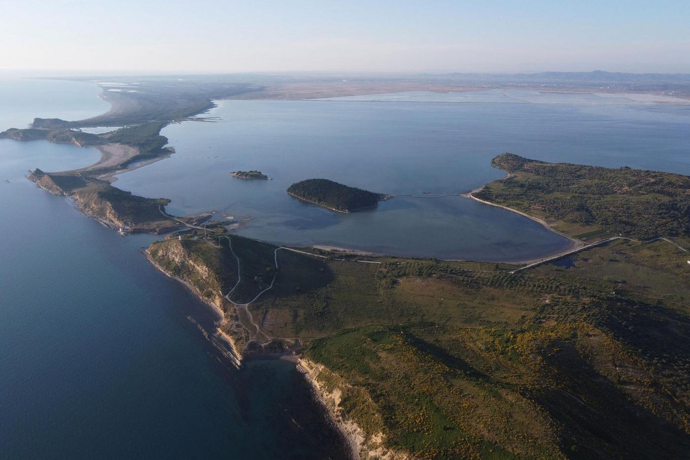 Aerial view of the Narta Lagoon with a view of the spit and the two islands.