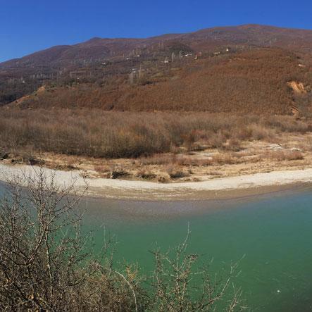 Panorama of the river landscape on the Drin