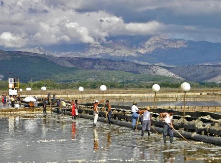 Arbeiter schöpfen in der Saline Ulcinj Salz ab