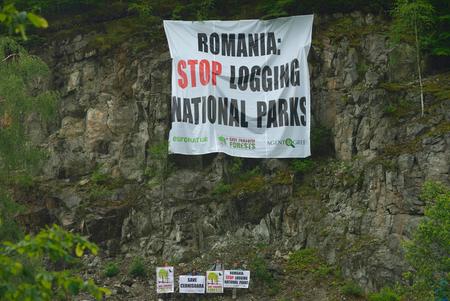 Protestbanner gegen die Abholzung des Urwalds in Rumänien