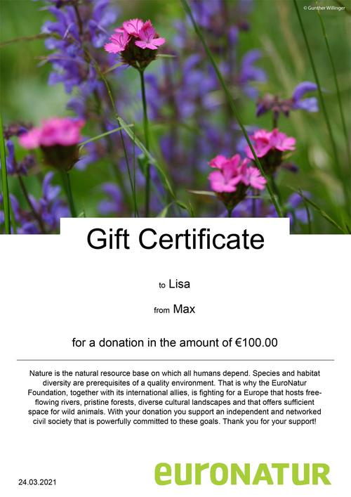 Certificate for a gift donation - EuroNatur