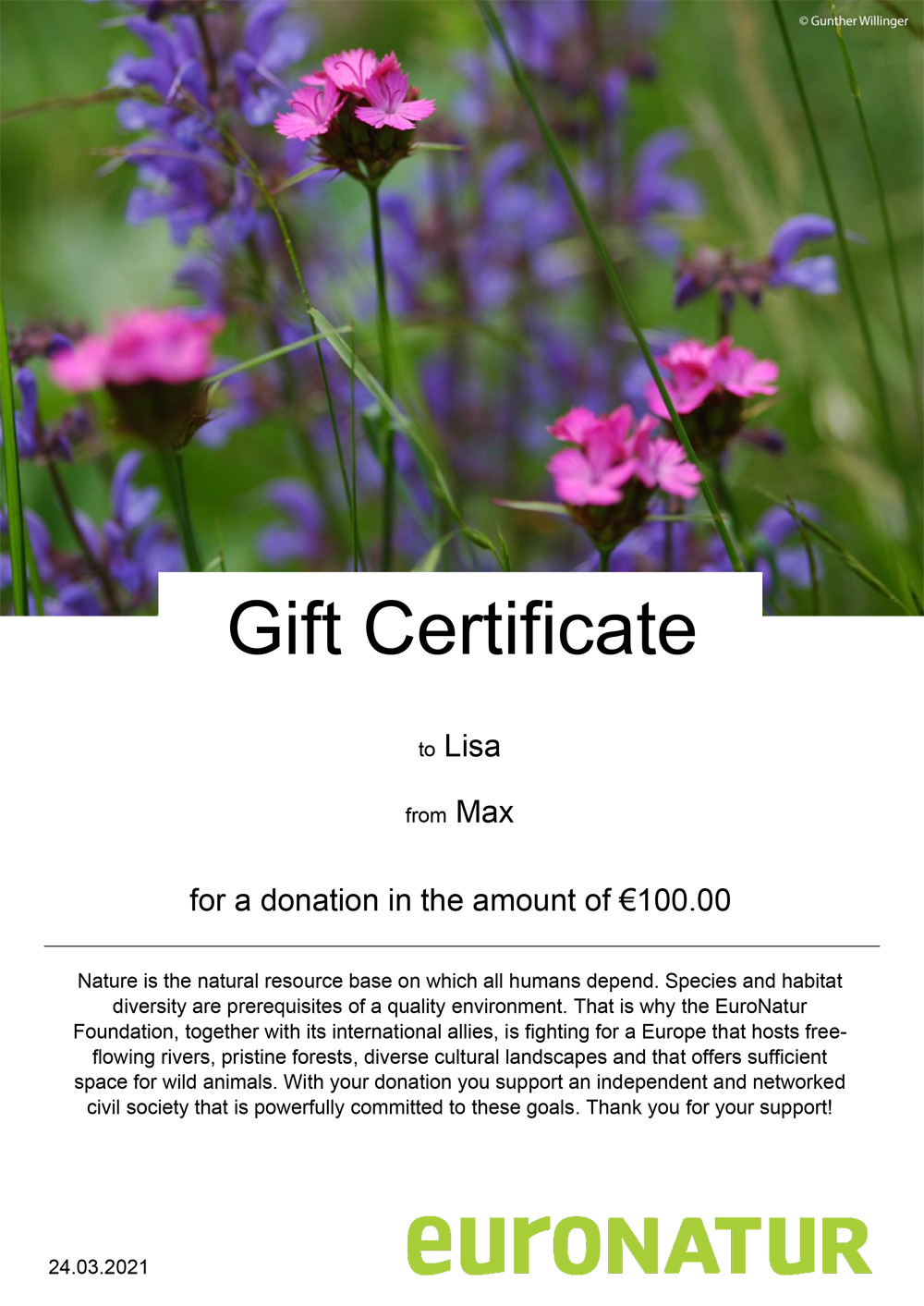 Certificate for a gift donation - EuroNatur