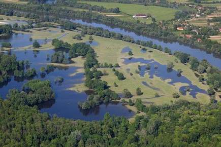 Aerial view of the Sava River with floodplains