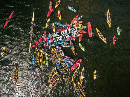Aerial of paddlers on a river