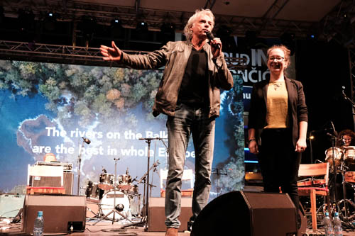 Balkan Rivers Concert Sarajevo Ulrich Eichelmann (Riverwatch, Austria) and Natasa Crnkovic (Center for Environment, Bosnia and Herzegovina) on the stage