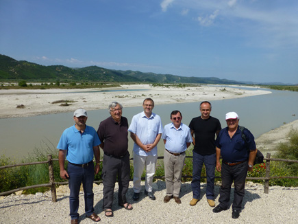 Scientists from Albania, Austria and Germany at the Vjosa. From left to right: Prof. Sajmir Beqiraj, Prof. Friedrich Schiemer, Dr. Martin Pusch, Prof. Aleko Miho, Dr. Robert Konecny, Prof. Lefter Kashta