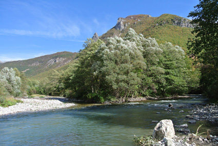 der Fluss Radika mit Kiesbänken und baumbestandenen Ufern