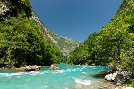 Bergfluss fließt durch ein mit Bäumen bestandenes Tal