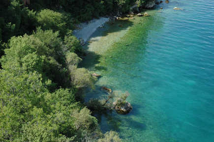 Luftblid einer Bucht mit kleinem Strand und Bäumen am Ohridsee