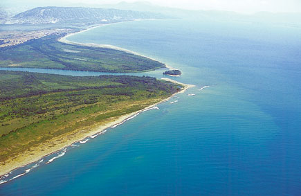 Aerial view on the Bojana delta with Ada Island in the foreground