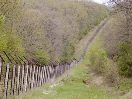 Grenzzaun Grenzzaun durchschneidet einen Wald