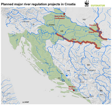 Landkarte mit den geplanten Flussregulierungen in Kroatien